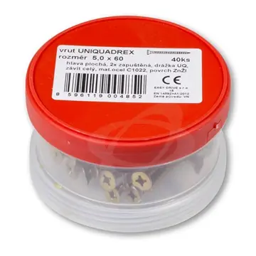 Vrut 5,0 x 60 zapuštěná hlava, UniQuadrex (ešus 40ks) Rychlé Dodání