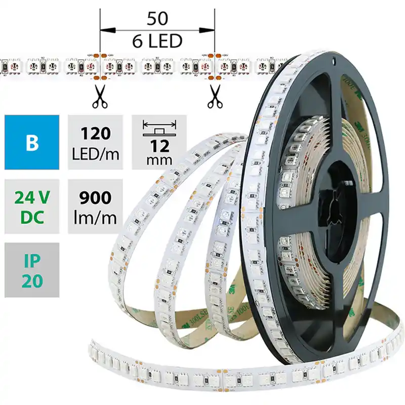 MCLED Pásek LED SMD5050 B, 120LED/m, 28,8W/m, 900lm/m, IP20, DC 24V, 12mm, 50m Tovární Cena